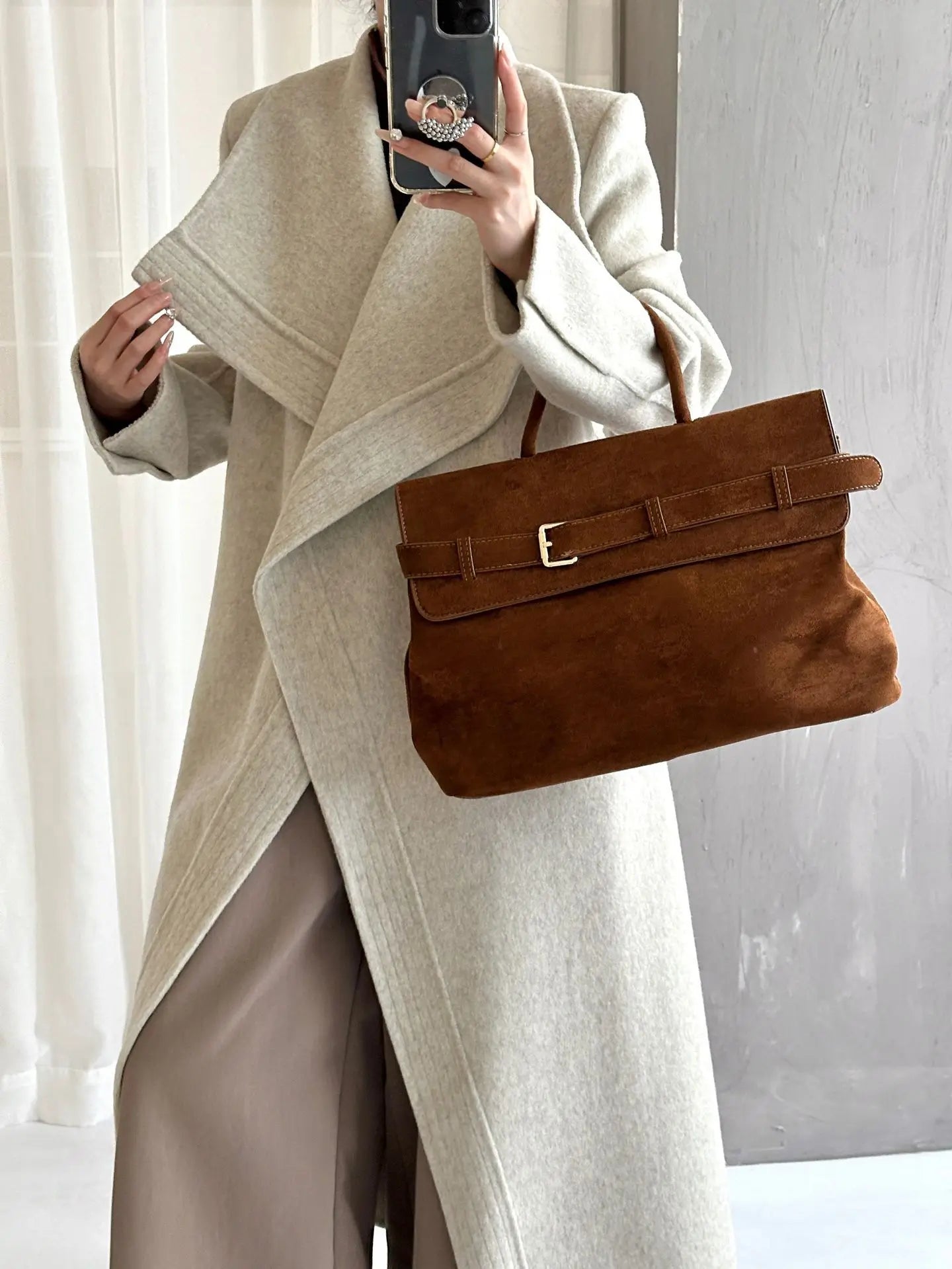 Warm Elegant Womens Long Wool Blend Wrap Coat